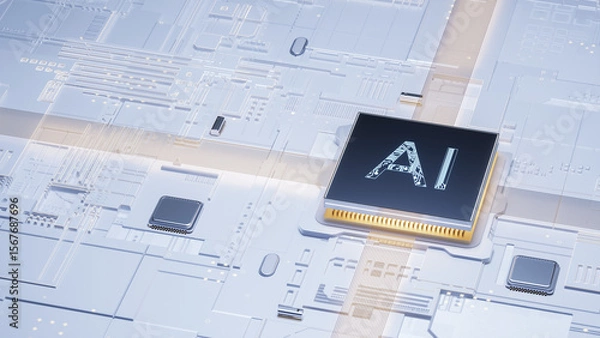 Obraz Digital Art Depicting Advanced AI Chip on Electronic Circuit Board for Tech Industry Applications