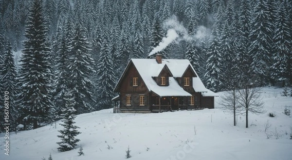Fototapeta Snowy cabin in the woods
