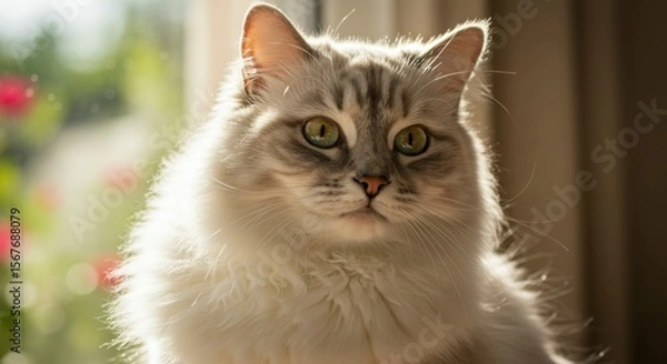 Fototapeta Fluffy gray-and-white cat, gazing attentively at viewer, bathed in sunlight
