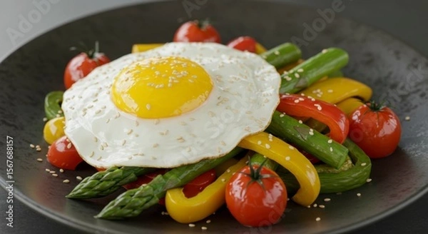 Fototapeta A sunny-side-up egg with sesame seeds sits atop vibrant sauteed vegetables on a dark plate
