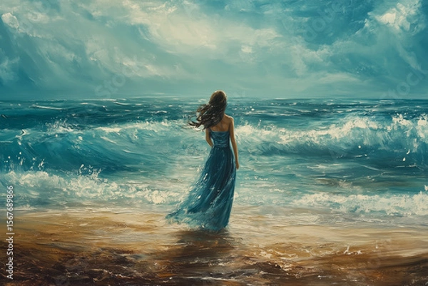 Fototapeta Woman seen from behind gazing at the ocean