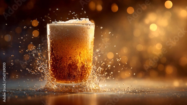 Obraz Freshly poured beer glass with splashing effect against warm bokeh background