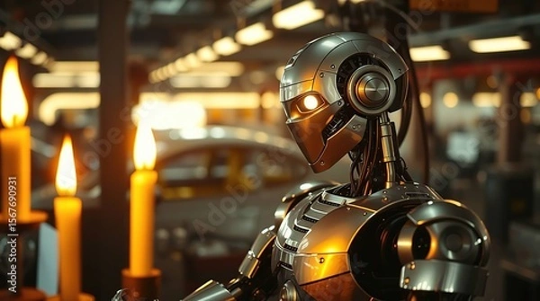 Fototapeta Candlelit repair of robot in factory