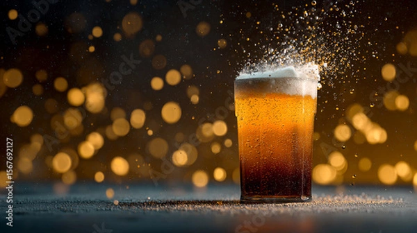 Fototapeta Frothy beer glass with bubbles and bokeh background for celebration and refreshment
