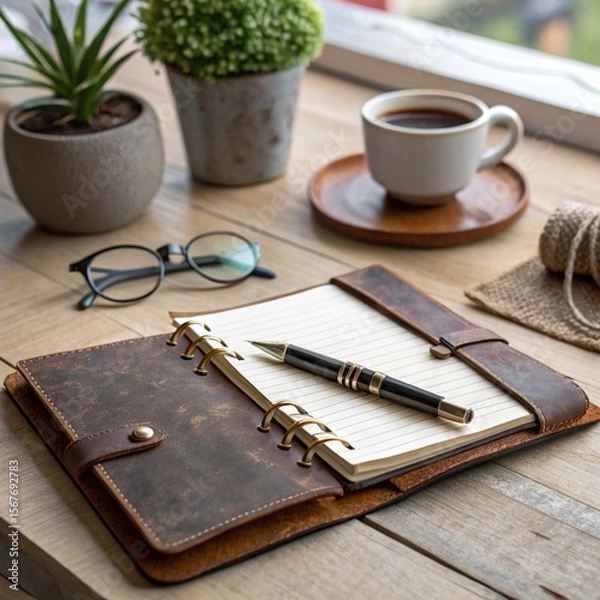 Fototapeta A close-up shot of a vintage leather notebook lying open on a wooden desk, with a fountain pen resting beside it. The desk is adorned with a small potted plant, a coffee cup, and a pair of glasses. So
