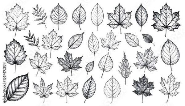 Obraz Hand-Drawn Various Leaf Illustrations for Artistic or Nature-Themed Projects