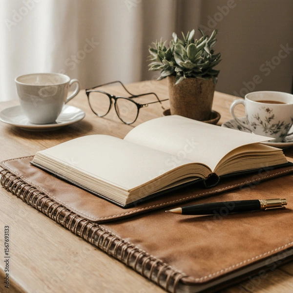 Fototapeta A close-up shot of a vintage leather notebook lying open on a wooden desk, with a fountain pen resting beside it. The desk is adorned with a small potted plant, a coffee cup, and a pair of glasses. So