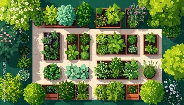 Obraz Aerial View of Vibrant Home Garden with Various Plants and Greenery in Planter Boxes