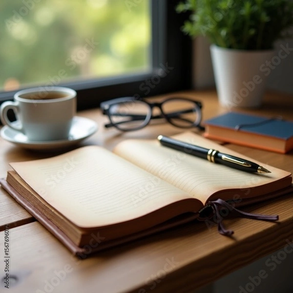 Fototapeta A close-up shot of a vintage leather notebook lying open on a wooden desk, with a fountain pen resting beside it. The desk is adorned with a small potted plant, a coffee cup, and a pair of glasses. So