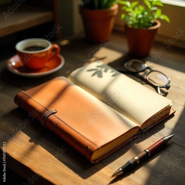 Fototapeta A close-up shot of a vintage leather notebook lying open on a wooden desk, with a fountain pen resting beside it. The desk is adorned with a small potted plant, a coffee cup, and a pair of glasses. So