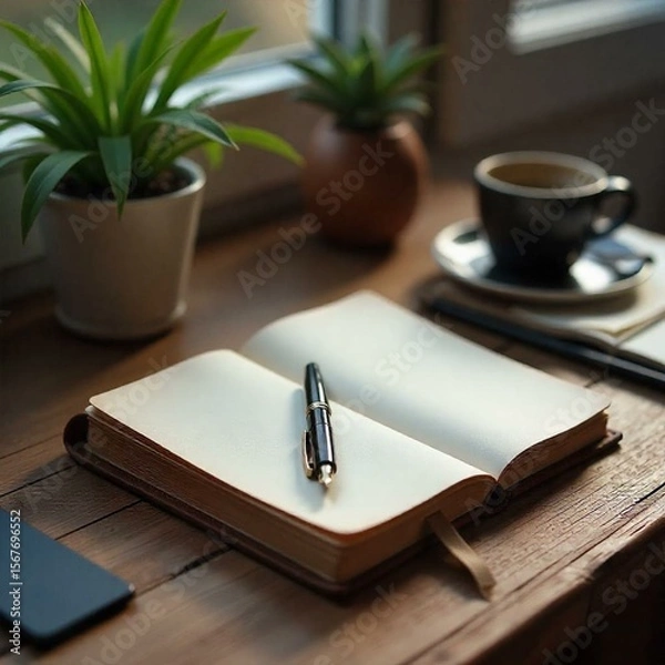 Fototapeta A close-up shot of a vintage leather notebook lying open on a wooden desk, with a fountain pen resting beside it. The desk is adorned with a small potted plant, a coffee cup, and a pair of glasses. So