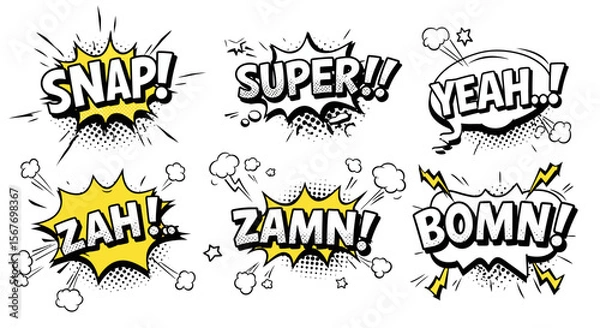 Fototapeta Comic book sound effects offer classic pop art elements for graphic design and creative illustration projects.