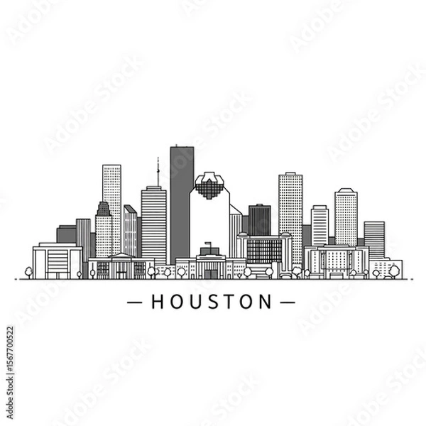Fototapeta Houston Texas skyline silhouette evokes the city's architecture and urban landscape in a monochrome linear graphic style.