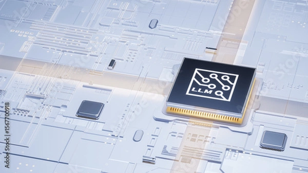 Fototapeta Digital Art Showcasing Futuristic LLM Microchip on Electronic Circuit Board for Innovation Visuals