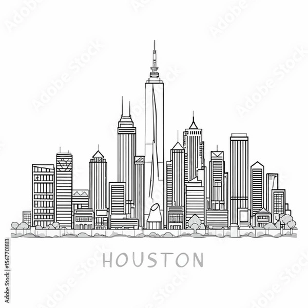Fototapeta Houston skyline sketch showcases city buildings in an artistic black and white design for posters or creative background use.