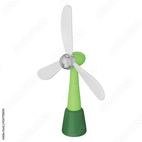 Fototapeta Wind turbine with green blades and clean power symbol for eco energy 3d illustration