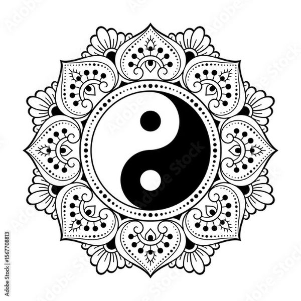 Fototapeta Circular pattern in form of mandala for Henna, Mehndi, tattoo, decoration. Decorative ornament in ethnic oriental style with Yin-yang hand drawn symbol. Outline doodle vector illustration.