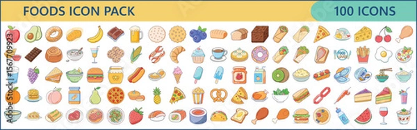 Fototapeta 100 Food and Drink Icons – Flat Vector Collection of Meals & Snacks