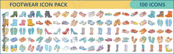 Fototapeta 100 Stylish Footwear Icons – Flat Vector Collection of Shoes, Boots, and Sandals
