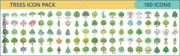 Fototapeta Tree Icon Set – 100 Nature and Forest Flat Design Vector Illustrations