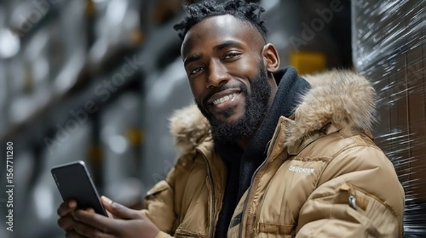 Fototapeta Warehouse worker smiles while showcasing a phone in a bustling storage area during the afternoon shift
