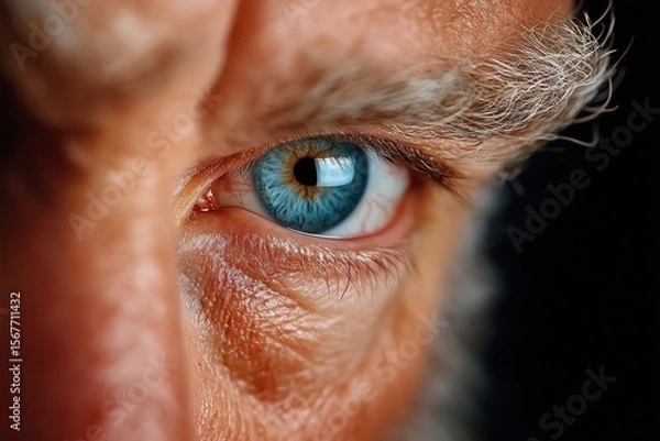 Fototapeta Close-up of an older man's eye showcasing detailed textures and rich colors against a dark background