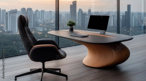 Fototapeta Luxury penthouse home office with panoramic city views and modern design features