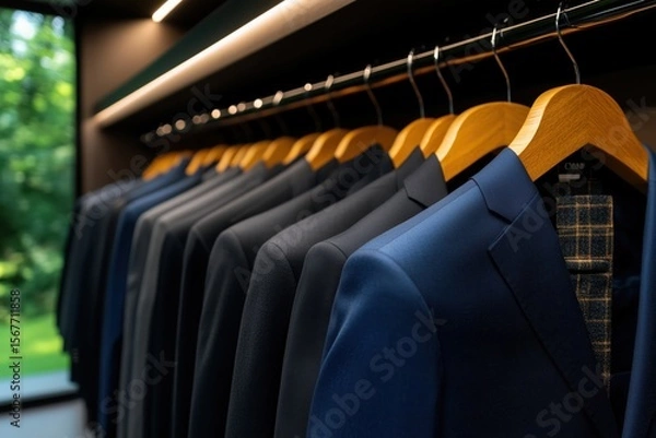 Fototapeta Luxury minimalist walk-in closet showcasing tailored suits and prestigious accessories in a sophisticated setting