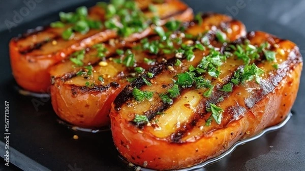 Fototapeta Grilled tomato with caramelized edges and spice served on a black platter