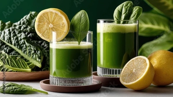 Fototapeta Fresh spinach juice with lemon garnish on a white table against a green background for healthy living