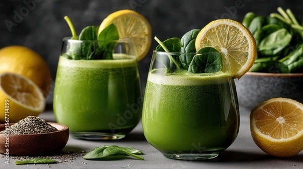 Fototapeta Refreshing spinach juice with lemon slice garnished on a white table against a gray background