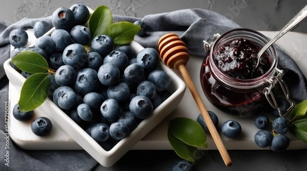 Fototapeta Fresh blueberries and homemade blueberry jam display on a textured gray and white surface, inviting culinary creativity