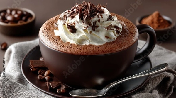 Fototapeta Creamy coffee with whipped topping and chocolate shavings against a warm brown background