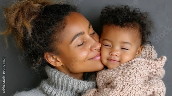 Fototapeta African American mother shares a tender moment with her baby while wrapped in cozy blankets indoors