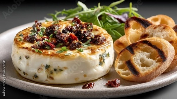 Fototapeta Cured goat cheese served with grilled bread and arugula on a rustic plate against a gray background