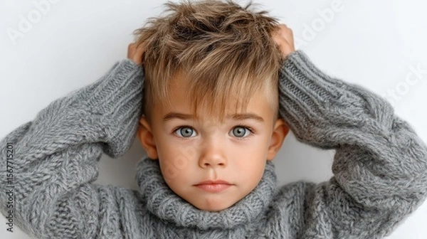 Fototapeta Cute boy in gray sweater with playful expression shows curiosity against a white background during a sunny indoor session