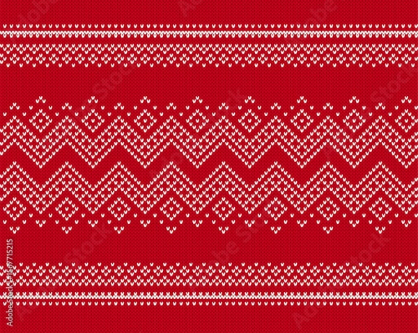 Fototapeta Christmas knit traditional texture. Holiday seamless pattern. Festive winter ornament. Knitted sweater print. Xmas geometric border. Fair isle background with snowflakes. Vector.