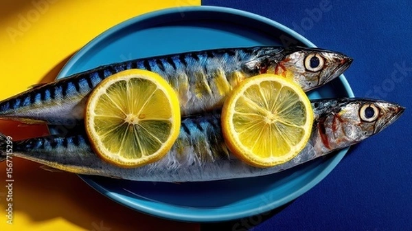 Fototapeta Fresh anchovies served on lemon slices in a vibrant dish against a colorful backdrop