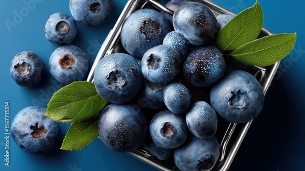 Fototapeta Fresh blueberries in a container on a vibrant blue background ready for delicious recipes and healthy snacks