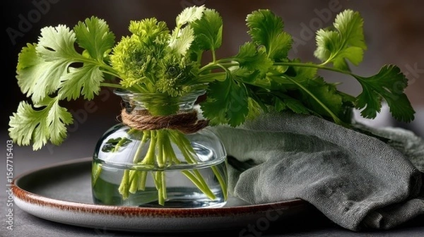 Fototapeta Fresh cilantro leaves displayed in a vase with water on a gray plate against a green background