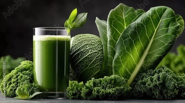 Fototapeta Refreshing green kale juice smoothie with fresh kale leaves on a gray background garnished with vibrant greens for healthy living