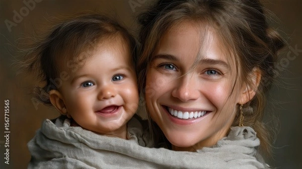 Fototapeta Happy mother and baby sharing a joyful moment in a cozy indoor setting during the afternoon