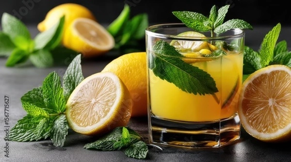 Fototapeta Refreshing lemon juice cocktail with mint leaves and lemon slices on dark gray surface