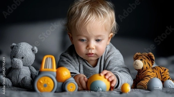 Fototapeta Baby boy plays with colorful toys on soft bedding in cozy bedroom setting during afternoon light