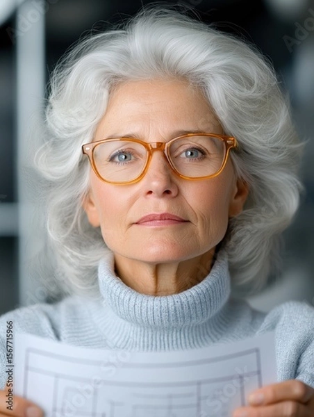 Fototapeta Experienced female engineer with glasses carefully examines a blueprint in a professional setting
