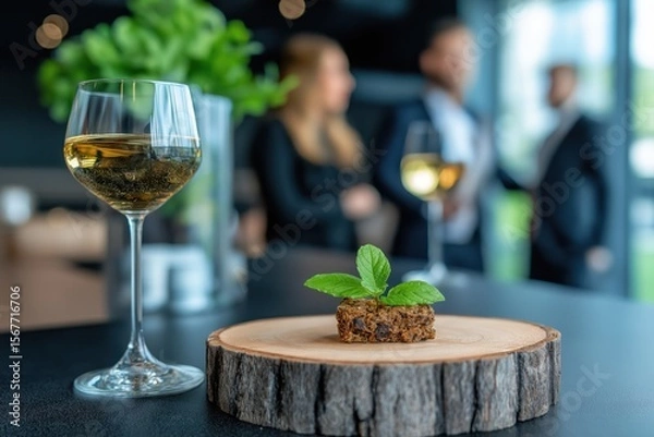 Fototapeta Networking event showcases modern design with gourmet cuisine and professionals engaging in conversation