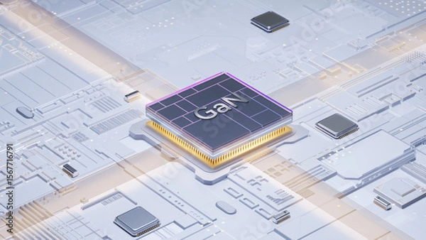 Obraz Digital art showcasing futuristic GaN semiconductor chip integrated with microelectronics on circuit board