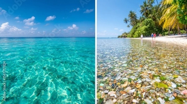 Fototapeta Split-view "Before and After" image showing a clean, pristine sea on the left and a polluted plastic-filled shoreline on the right, visual contrast highlighting environmental damage