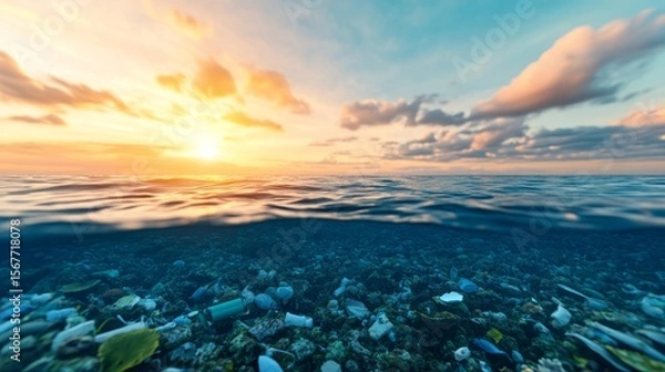 Fototapeta Cross-sectional ocean view showing polluted surface and clean depths, marine life navigating through floating waste and oil