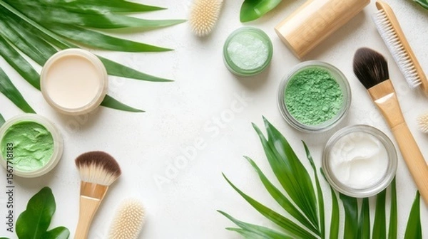 Fototapeta Flat lay of eco beauty items arranged in frame composition with bamboo brushes, glass containers, and matcha powder, soft natural light and fresh green accents